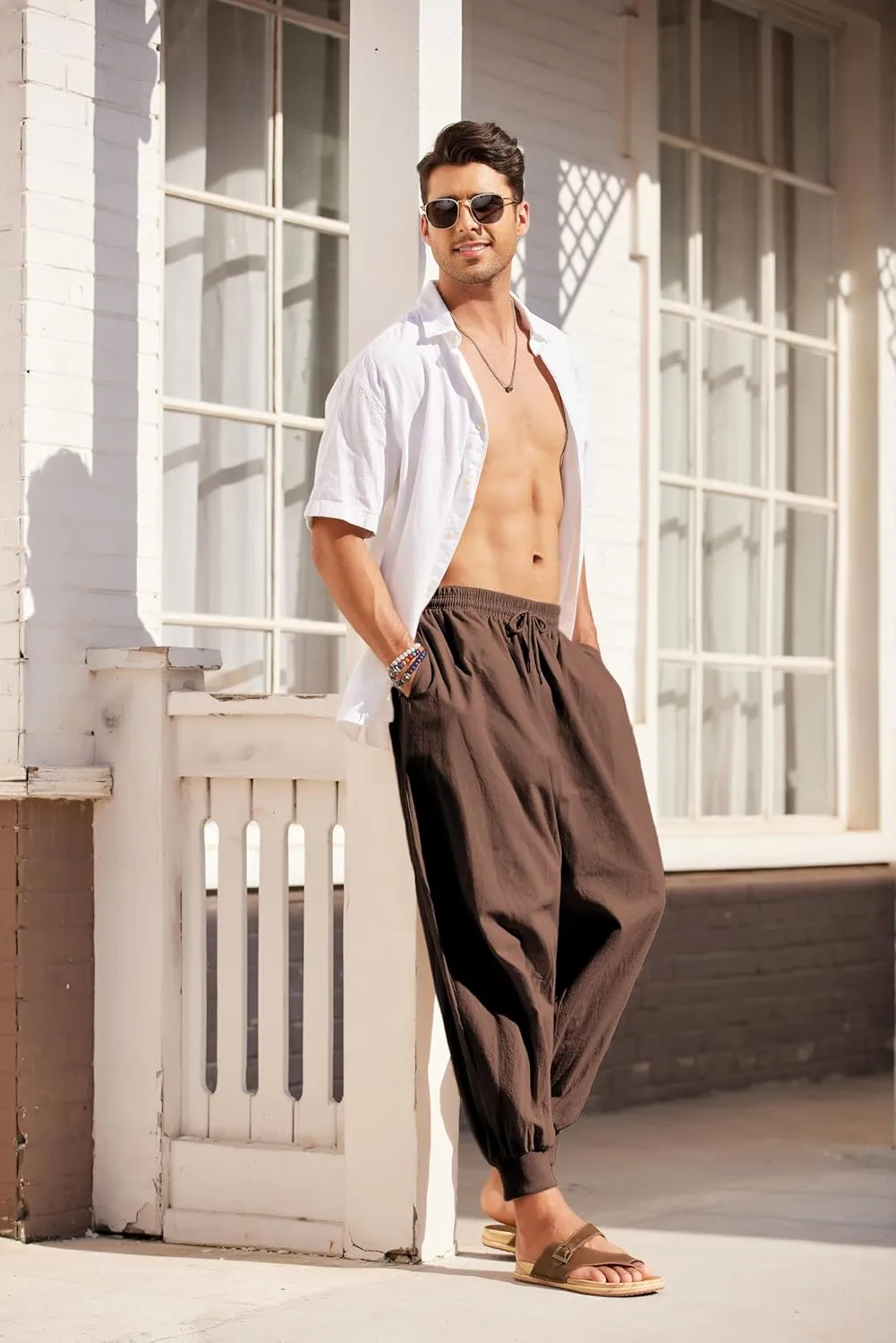 COOFANDY Men Hippie Harem Pants Baggy Linen Cotton Boho Yoga Pants Summer Beach Pants Casual Drop Crotch Trouser