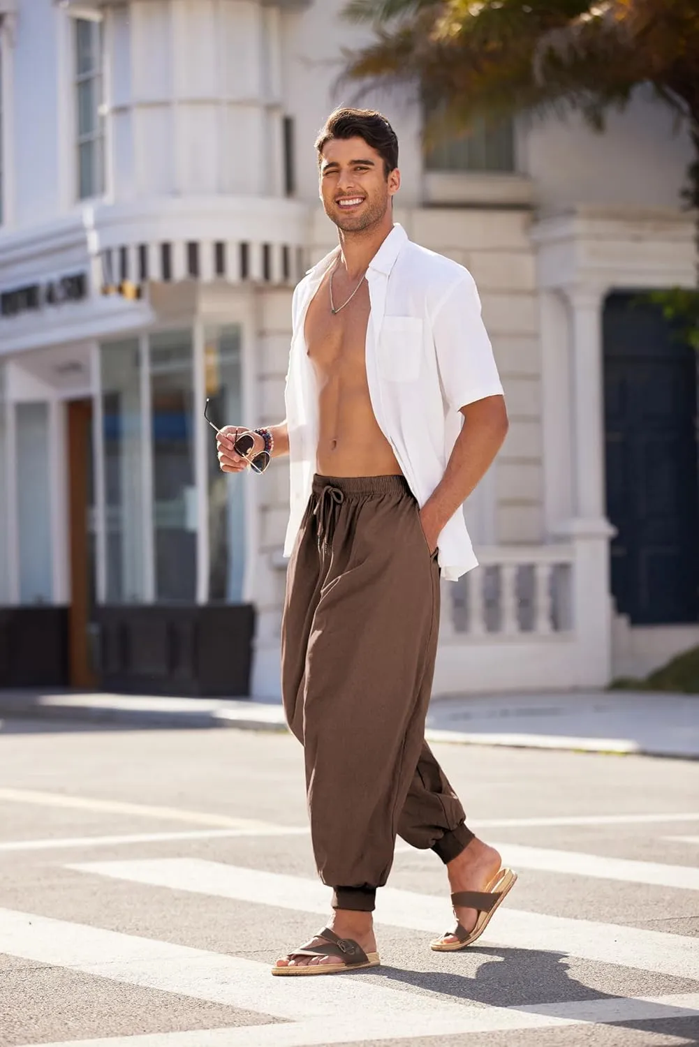 COOFANDY Men Hippie Harem Pants Baggy Linen Cotton Boho Yoga Pants Summer Beach Pants Casual Drop Crotch Trouser