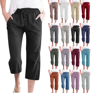 Cotton Linen Capri Pants for Women 2025 Casual Summer Drawstring Elastic Waist Wide Leg Cropped Trousers with Pockets
