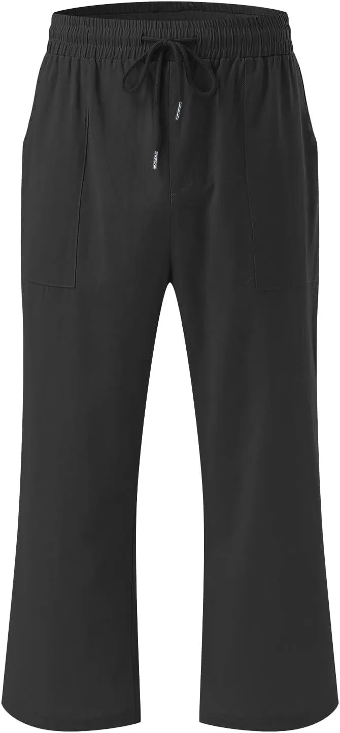 Cotton Linen Capri Pants for Women 2025 Casual Summer Drawstring Elastic Waist Wide Leg Cropped Trousers with Pockets