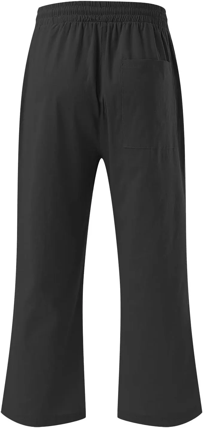 Cotton Linen Capri Pants for Women 2025 Casual Summer Drawstring Elastic Waist Wide Leg Cropped Trousers with Pockets