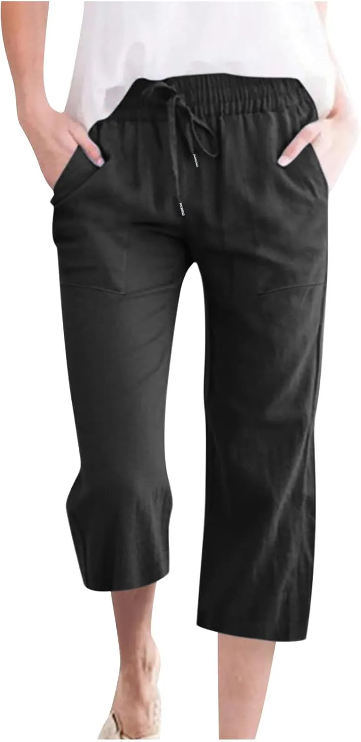 Cotton Linen Capri Pants for Women 2025 Casual Summer Drawstring Elastic Waist Wide Leg Cropped Trousers with Pockets