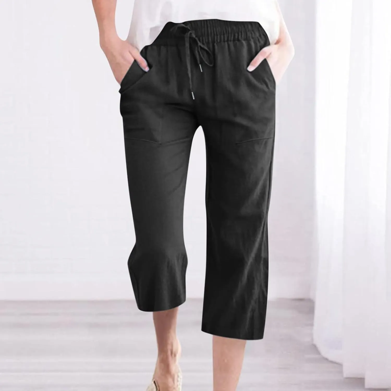 Cotton Linen Capri Pants for Women 2025 Casual Summer Drawstring Elastic Waist Wide Leg Cropped Trousers with Pockets