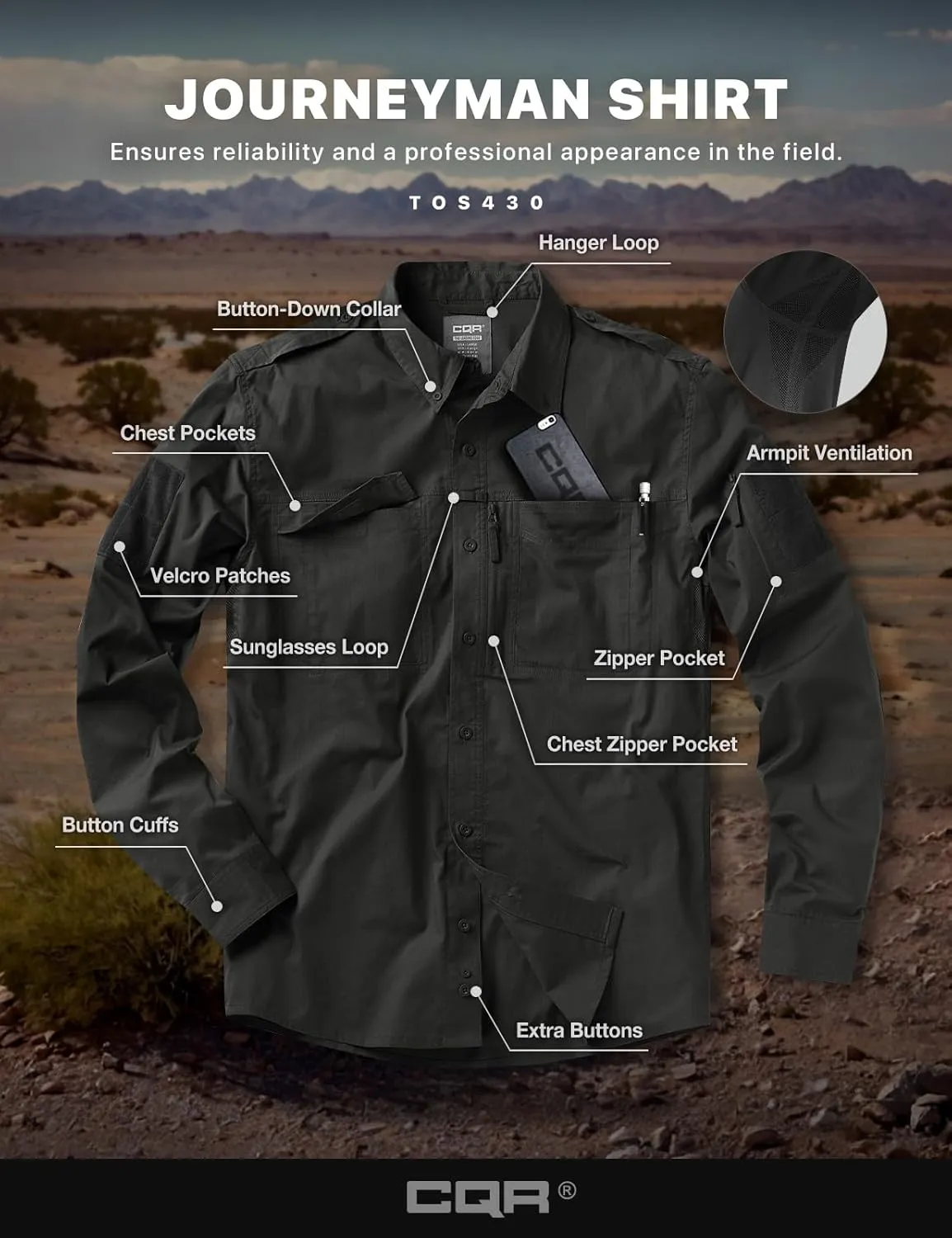 CQR Men's Long Sleeve Tactical Shirts, Ripstop Military Work Shirts, UPF 50  Breathable Button Down Outdoor Hiking Shirt