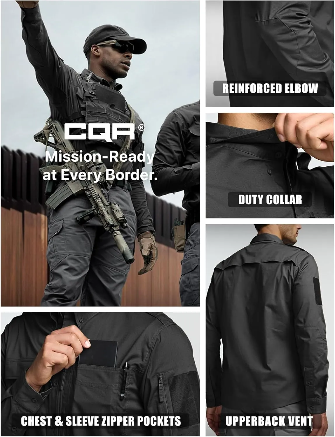 CQR Men's Long Sleeve Tactical Shirts, Ripstop Military Work Shirts, UPF 50  Breathable Button Down Outdoor Hiking Shirt