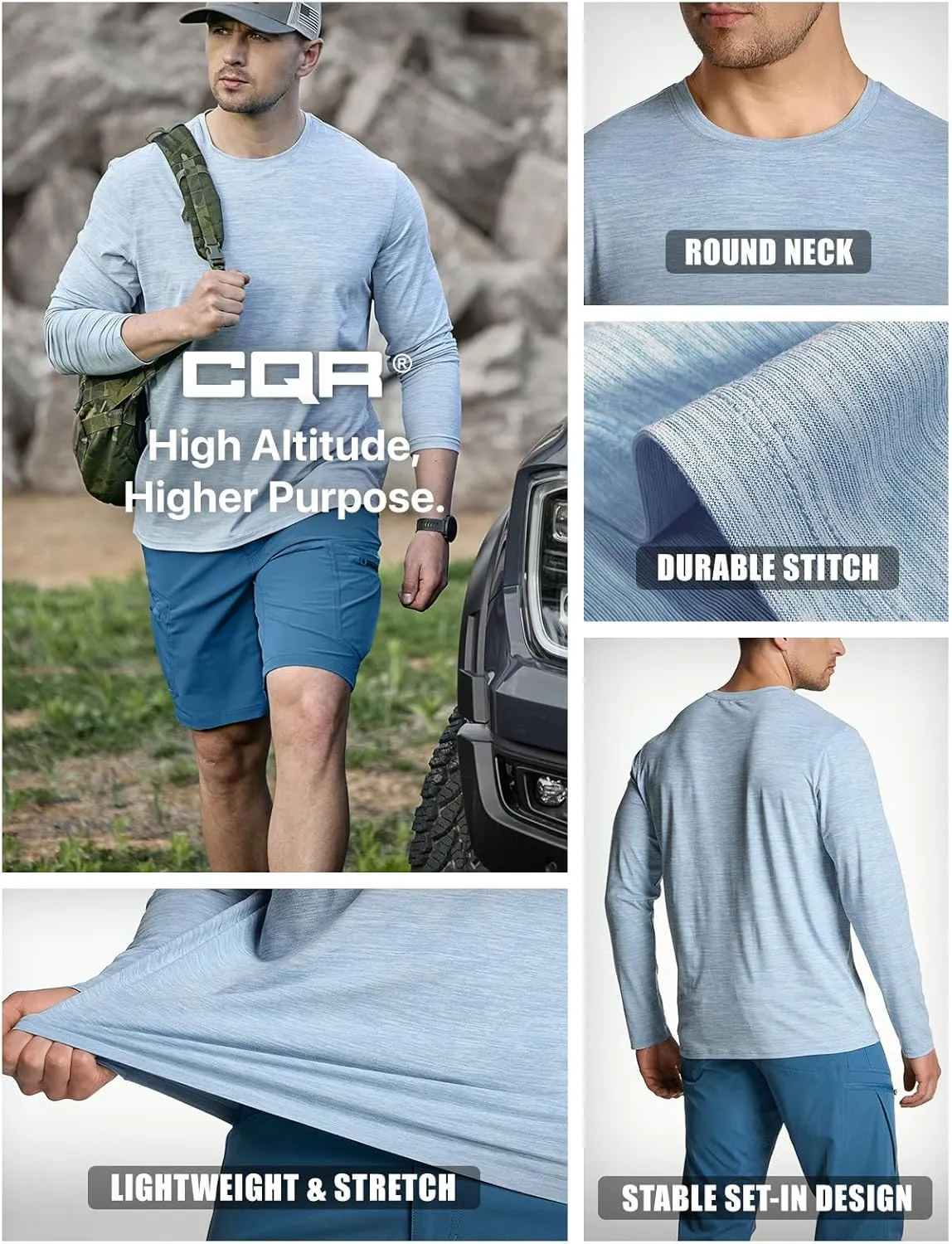 CQR Men's UPF50  Sun Protection Shirts, Quick Dry Long Sleeve Rash Guard, Athletic Running Workout Fishing Cooling Shirts