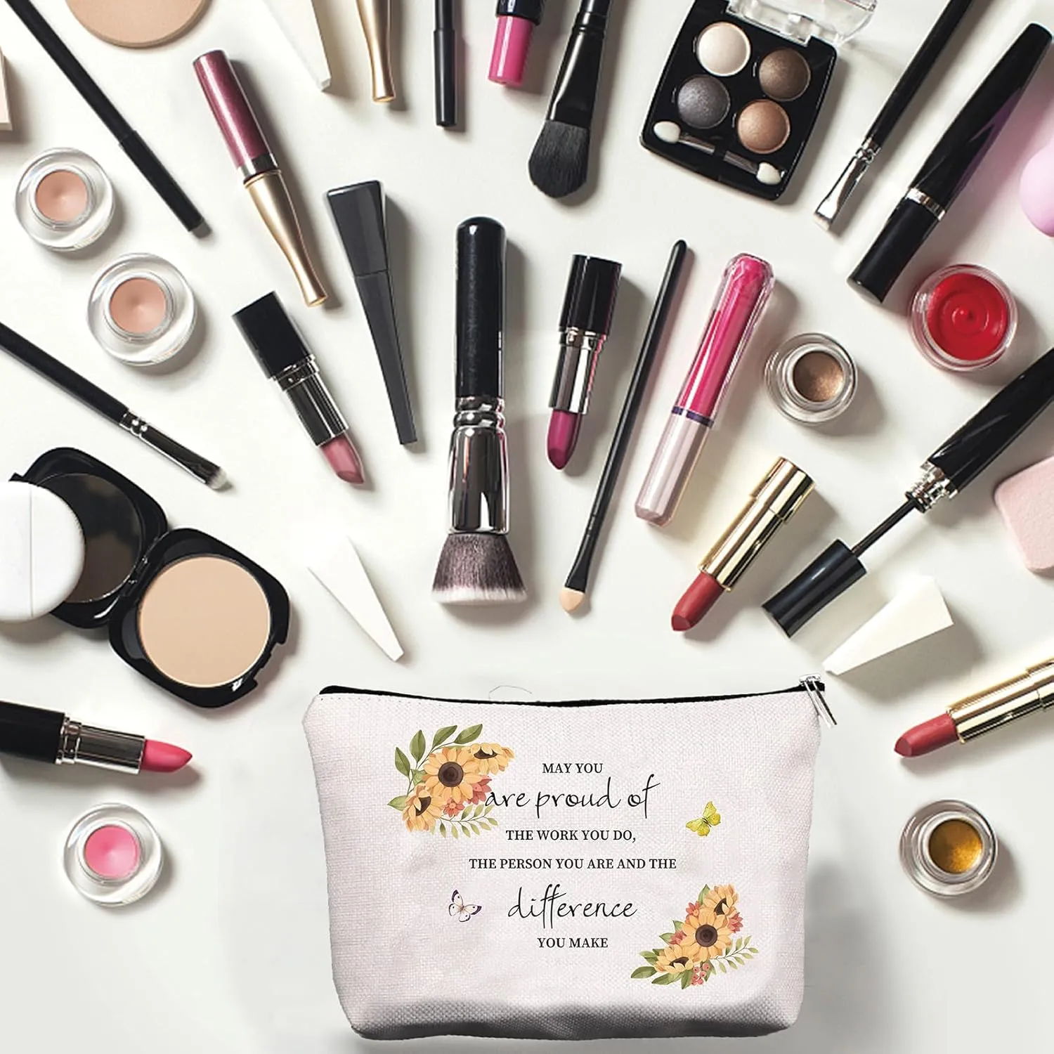 CREATCABIN Flower Canvas Makeup Bags Cosmetic Bag Multi Purpose Pen Case with Metal Zipper Toiletry Travel Bag Purse Pouches for Women Keys Pencil Lipstick Card Inspirational Birthday Gifts 10 x 7Inch