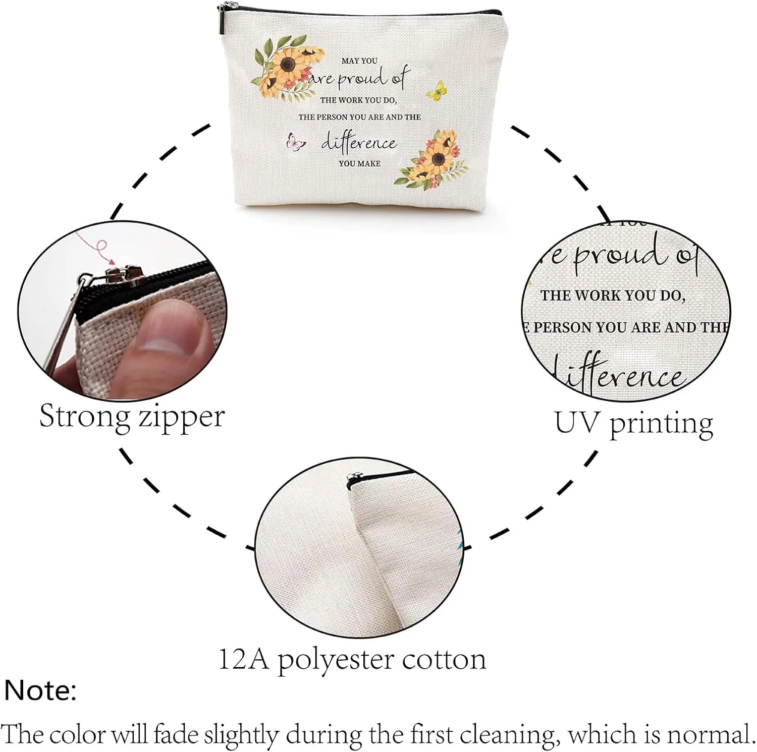 CREATCABIN Flower Canvas Makeup Bags Cosmetic Bag Multi Purpose Pen Case with Metal Zipper Toiletry Travel Bag Purse Pouches for Women Keys Pencil Lipstick Card Inspirational Birthday Gifts 10 x 7Inch