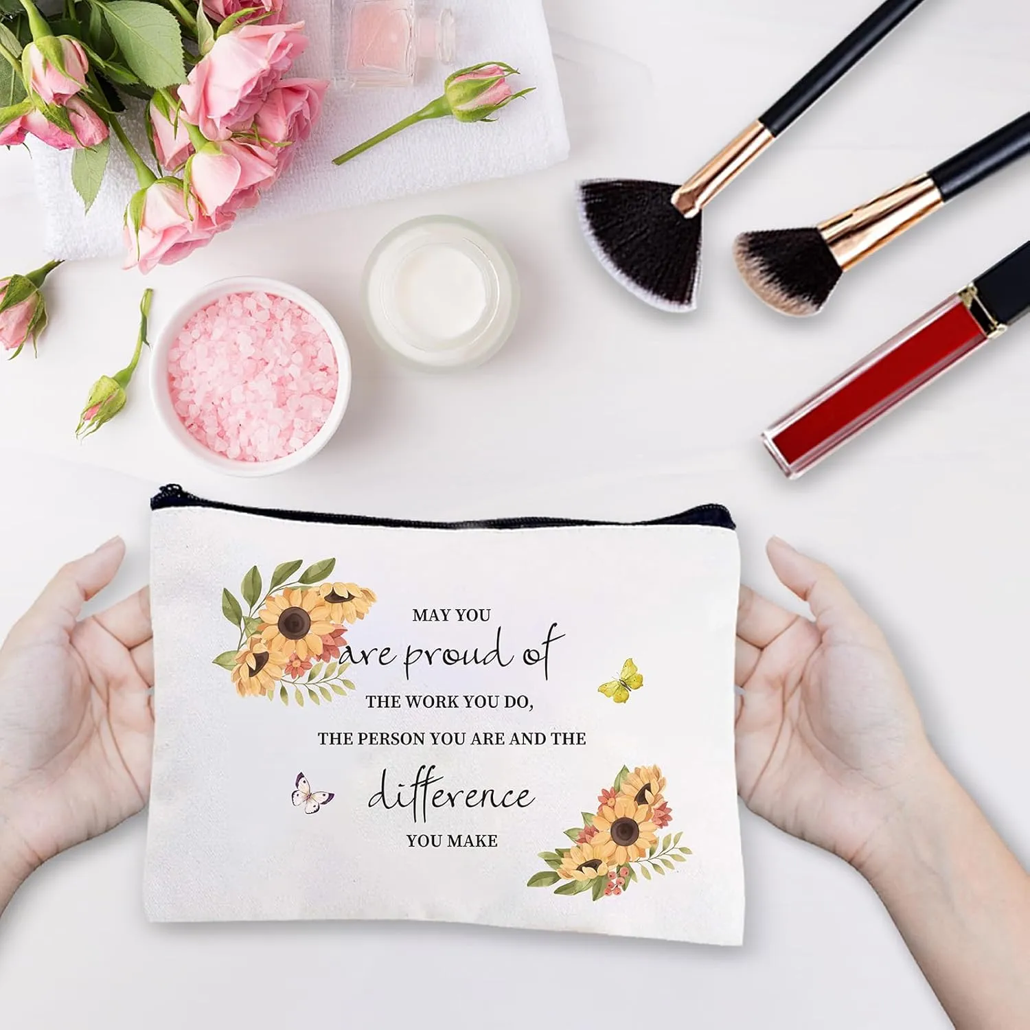CREATCABIN Flower Canvas Makeup Bags Cosmetic Bag Multi Purpose Pen Case with Metal Zipper Toiletry Travel Bag Purse Pouches for Women Keys Pencil Lipstick Card Inspirational Birthday Gifts 10 x 7Inch