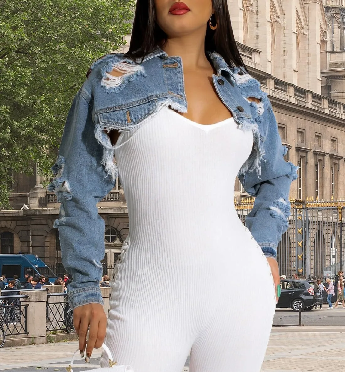 Cropped Denim Jackets for Women Long Sleeve Ripped Destroyed Wash Crop Top Jean Jackets