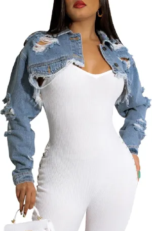 Cropped Denim Jackets for Women Long Sleeve Ripped Destroyed Wash Crop Top Jean Jackets