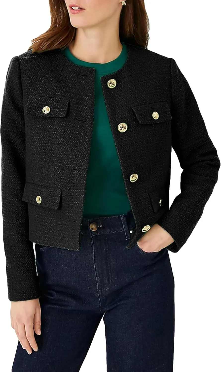 Cropped Tweed Blazer Jackets for Women Elegant Slim Collarless Business Casual Outfits Spring Jackets