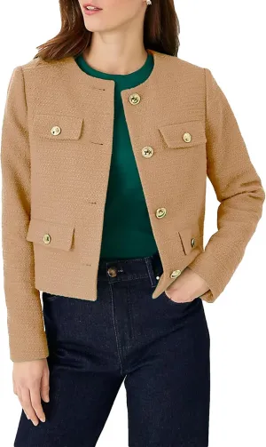 Cropped Tweed Blazer Jackets for Women Elegant Slim Collarless Business Casual Outfits Spring Jackets