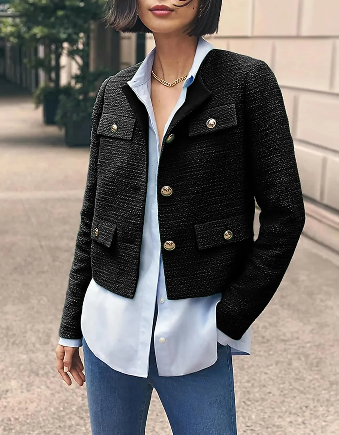 Cropped Tweed Blazer Jackets for Women Elegant Slim Collarless Business Casual Outfits Spring Jackets