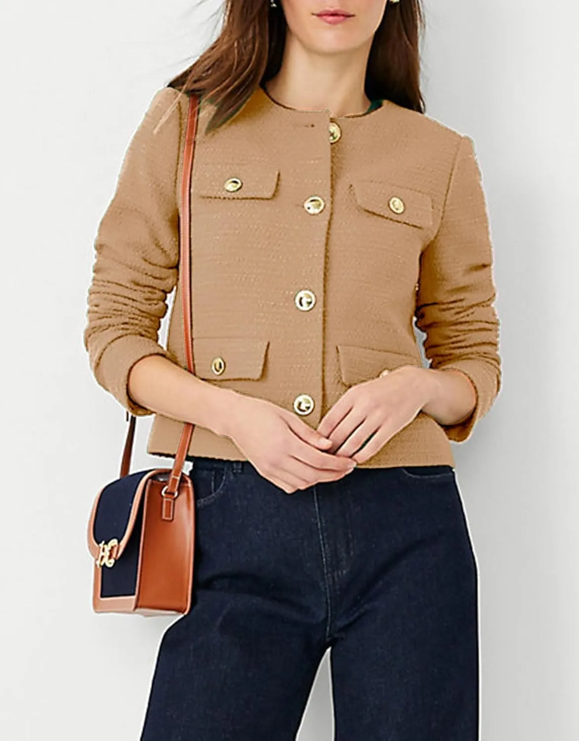 Cropped Tweed Blazer Jackets for Women Elegant Slim Collarless Business Casual Outfits Spring Jackets