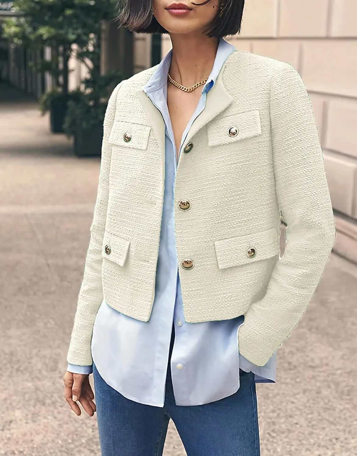 Cropped Tweed Blazer Jackets for Women Elegant Slim Collarless Business Casual Outfits Spring Jackets