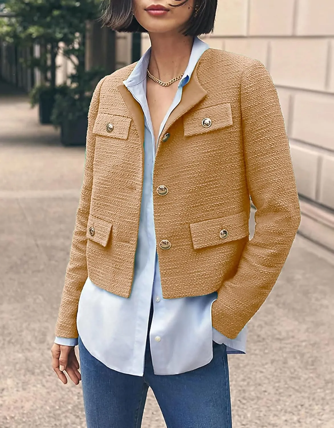 Cropped Tweed Blazer Jackets for Women Elegant Slim Collarless Business Casual Outfits Spring Jackets