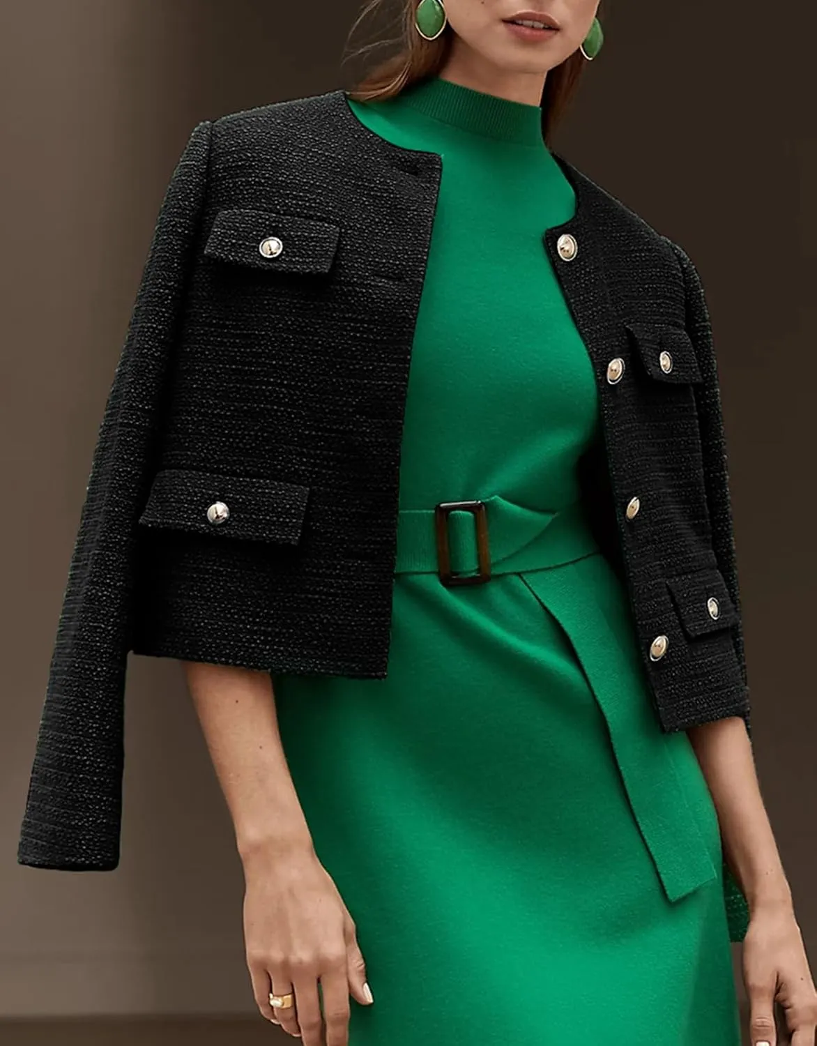 Cropped Tweed Blazer Jackets for Women Elegant Slim Collarless Business Casual Outfits Spring Jackets