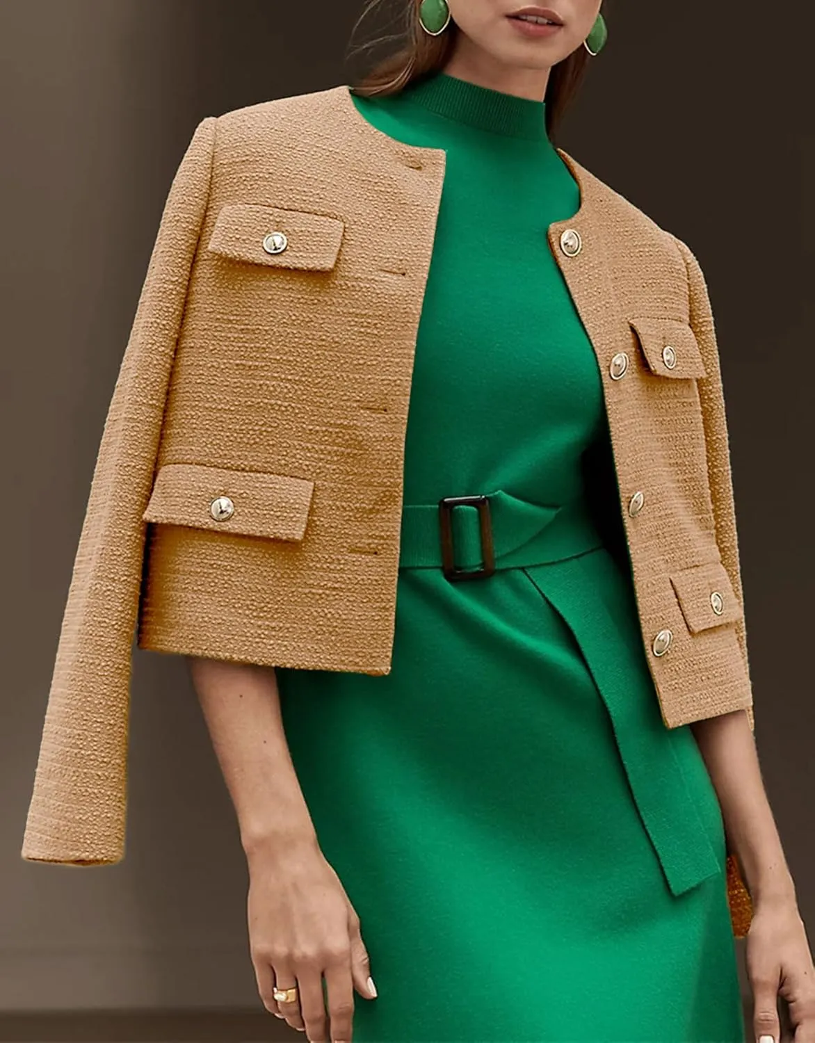 Cropped Tweed Blazer Jackets for Women Elegant Slim Collarless Business Casual Outfits Spring Jackets
