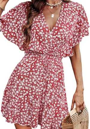 CUPSHE Women's V-Neck Flared Sleeve Ditsy A-Shape Dress Froral Print Beach Summer Short Dresses