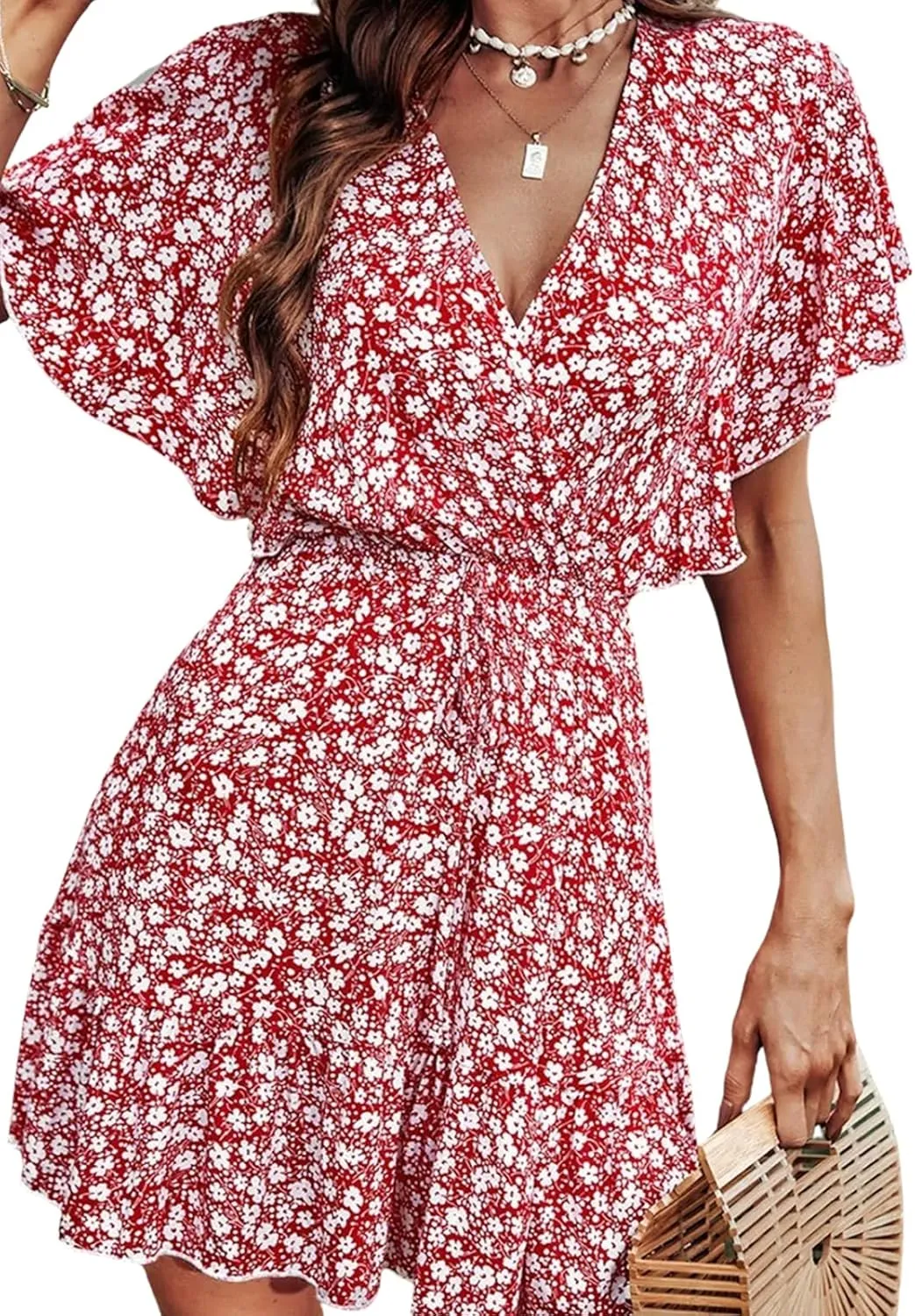 CUPSHE Women's V-Neck Flared Sleeve Ditsy A-Shape Dress Froral Print Beach Summer Short Dresses