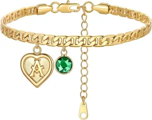 Custom4U Personalized Initial Ankle Bracelets for Women 14K Gold Plated Dainty CZ Birthstone Heart/Hexagon Letter Initial Anklets for Women Adjustable Silver/Gold Foot Chain Summer Beach Jewelry Gifts