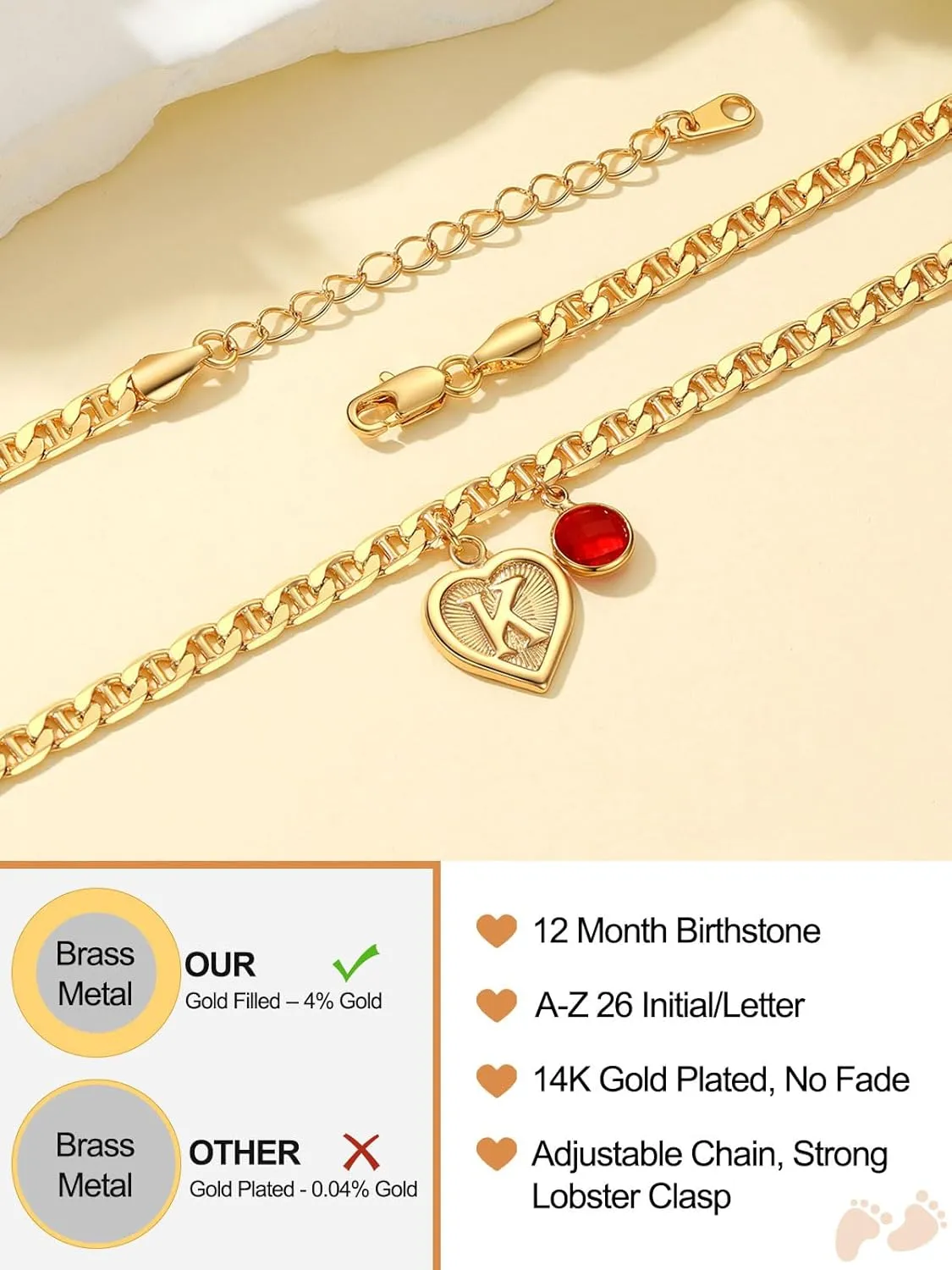 Custom4U Personalized Initial Ankle Bracelets for Women 14K Gold Plated Dainty CZ Birthstone Heart/Hexagon Letter Initial Anklets for Women Adjustable Silver/Gold Foot Chain Summer Beach Jewelry Gifts