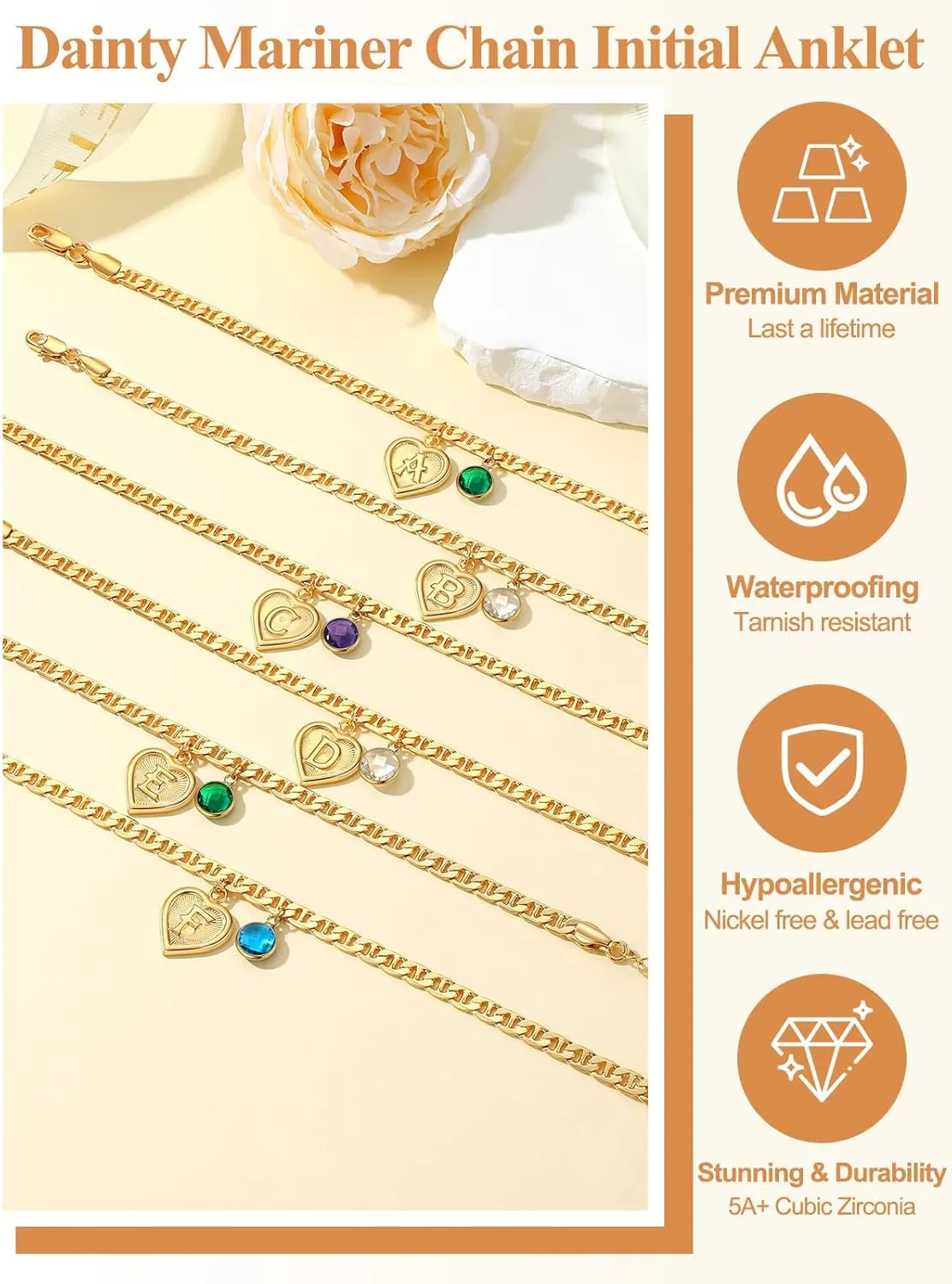 Custom4U Personalized Initial Ankle Bracelets for Women 14K Gold Plated Dainty CZ Birthstone Heart/Hexagon Letter Initial Anklets for Women Adjustable Silver/Gold Foot Chain Summer Beach Jewelry Gifts