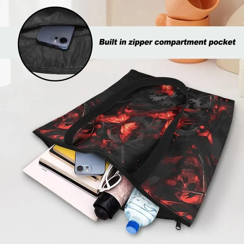 Cute Corgi Dog Women Tote Bag, Halloween Gothic Skull Butterfly Paper Handbag, Watercolor Cocount Tree Commute Bag