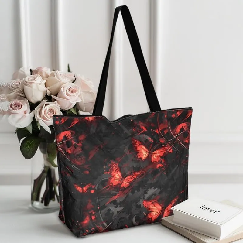 Cute Corgi Dog Women Tote Bag, Halloween Gothic Skull Butterfly Paper Handbag, Watercolor Cocount Tree Commute Bag