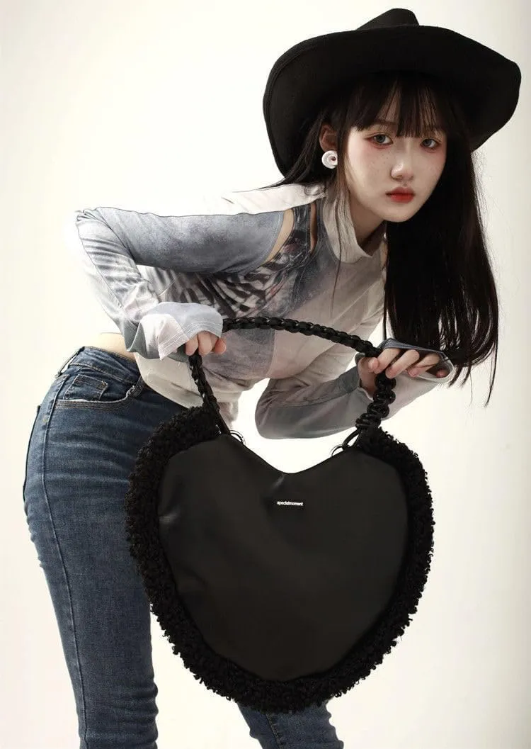 Cute heart shaped girl women's leather satchel crossbody bag purse Y2K purse Aesthetic tote bag (Black)