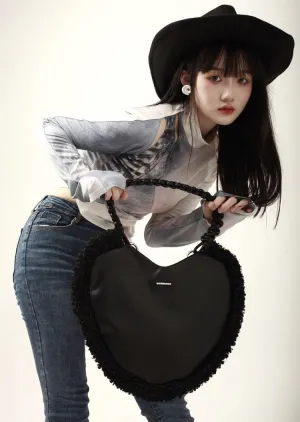 Cute heart shaped girl women's leather satchel crossbody bag purse Y2K purse Aesthetic tote bag (Black)