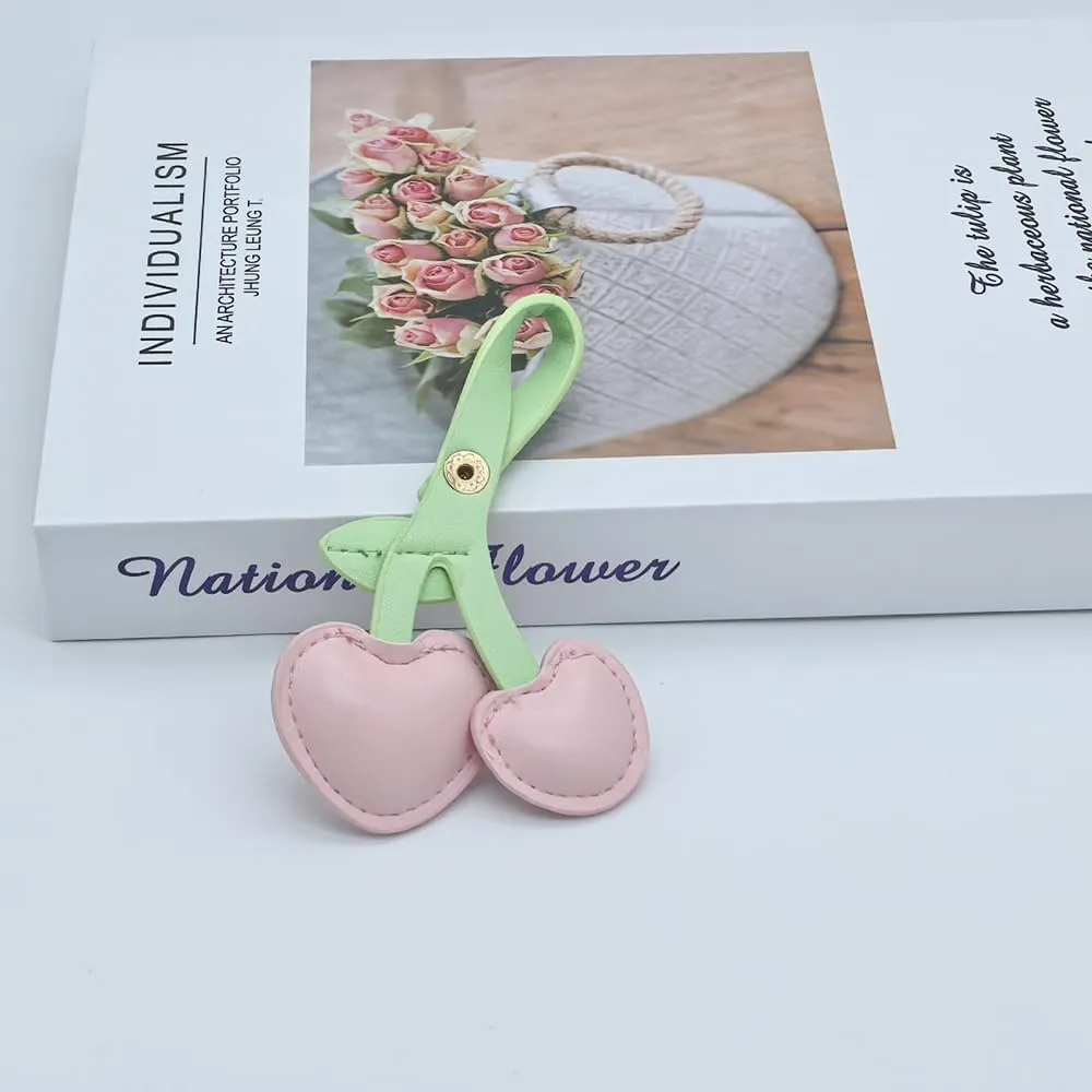 Cute PU Leather Cherry Car Key Chain Ring Charm Fruit Cherry Keychain Pendant For Women Girls Backpack Purse