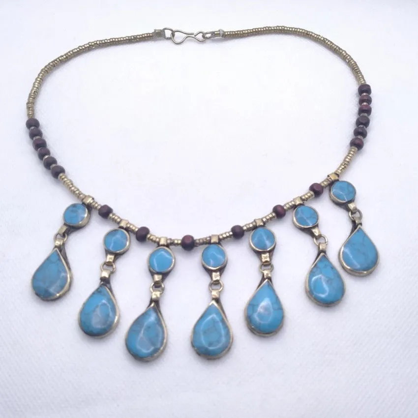 Dangling Turquoise Stone Necklace, Ethnic Bib Necklace,