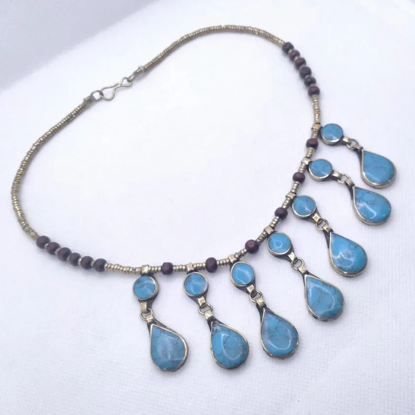 Dangling Turquoise Stone Necklace, Ethnic Bib Necklace,