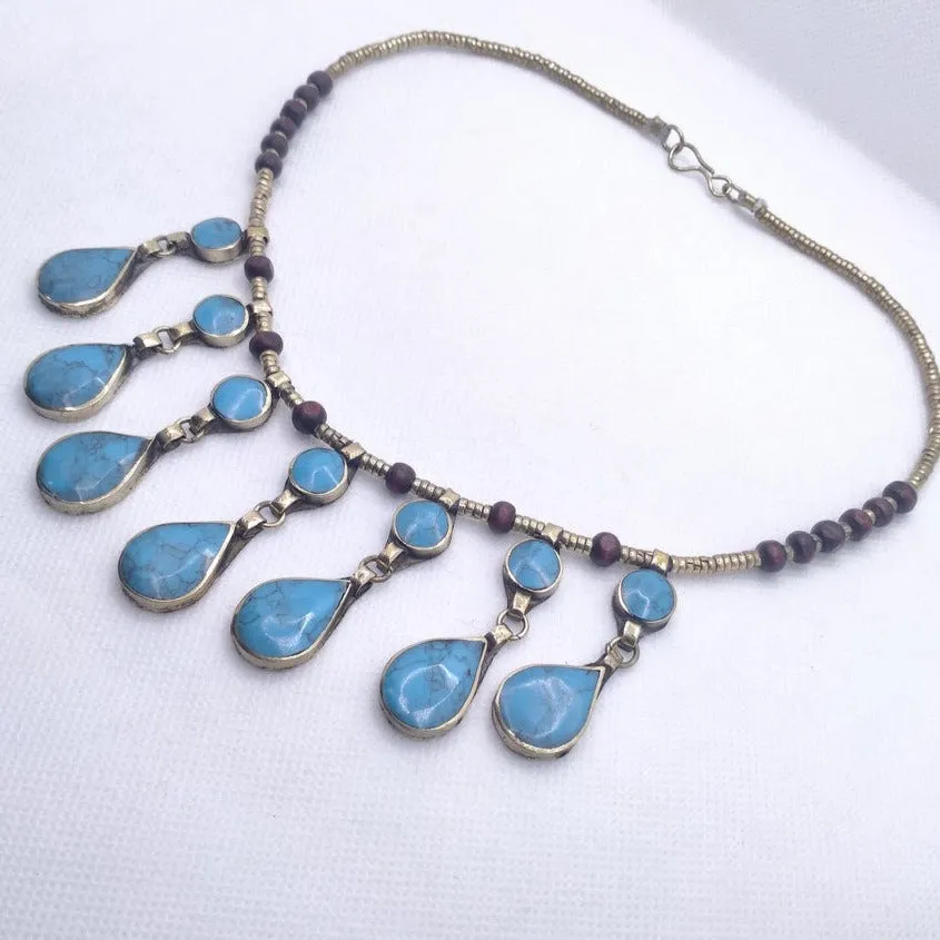 Dangling Turquoise Stone Necklace, Ethnic Bib Necklace,
