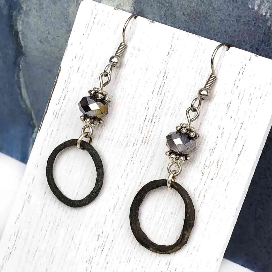 Darkest Bronze Celtic Ring Money Earrings with Midnight Crystal Charms | Artifact #6580