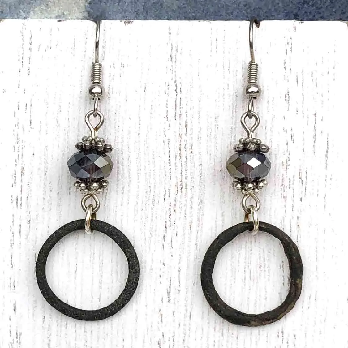 Darkest Bronze Celtic Ring Money Earrings with Midnight Crystal Charms | Artifact #6580