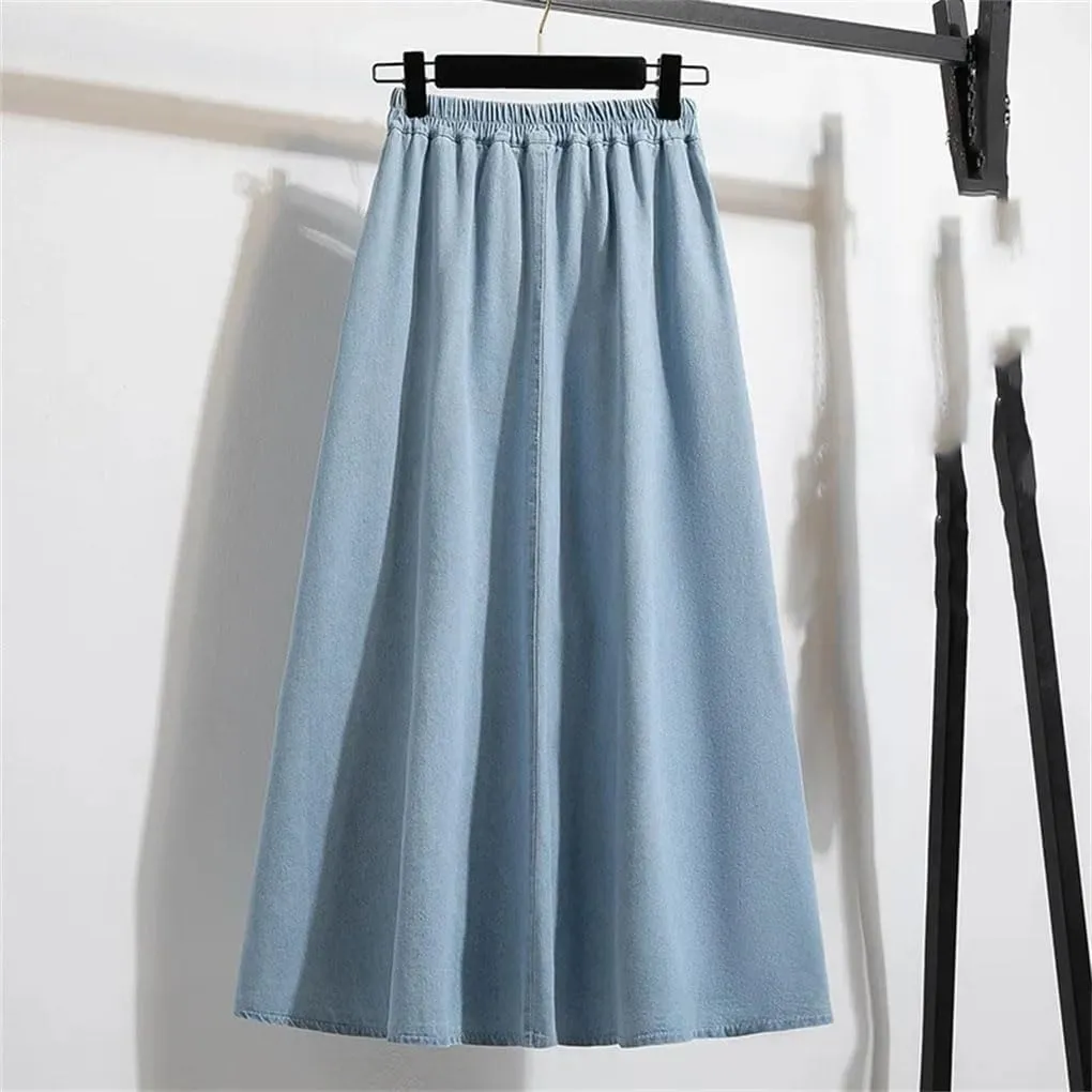 DBFBDTU Womens Denim Cotton Casual Loose-Fit Skirts Ruffle A- Line High-Waisted Elastic Waist Jean Skirt