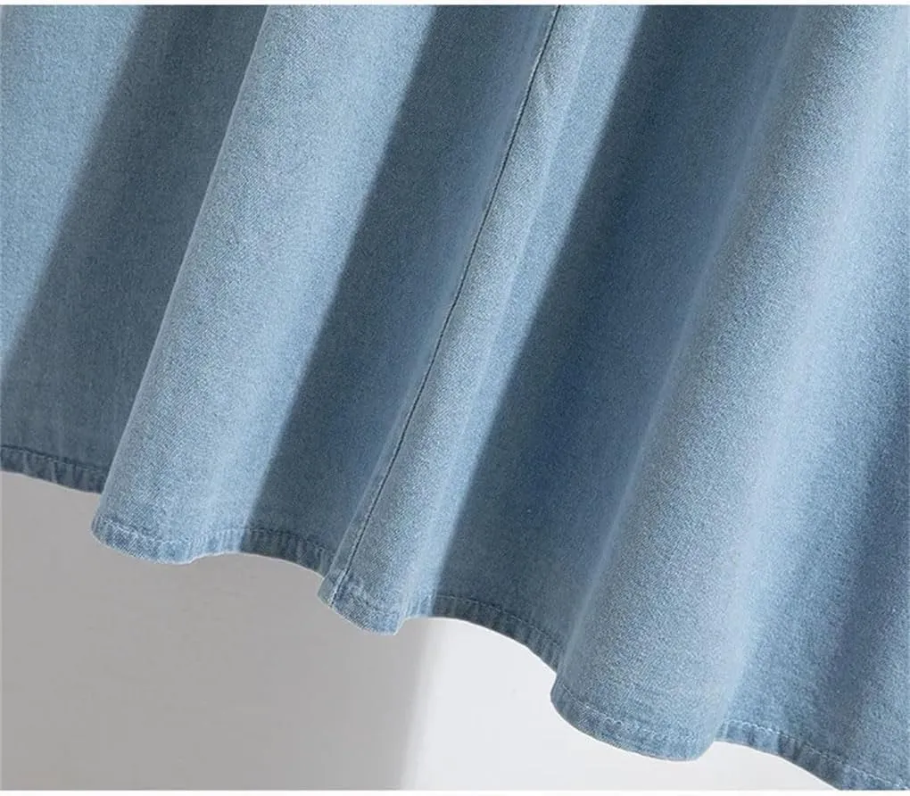 DBFBDTU Womens Denim Cotton Casual Loose-Fit Skirts Ruffle A- Line High-Waisted Elastic Waist Jean Skirt