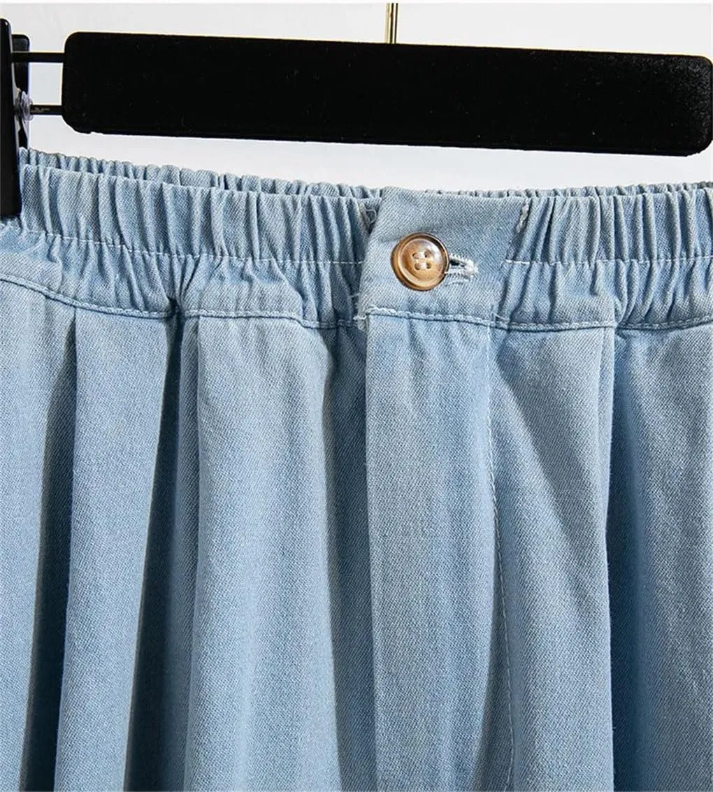 DBFBDTU Womens Denim Cotton Casual Loose-Fit Skirts Ruffle A- Line High-Waisted Elastic Waist Jean Skirt