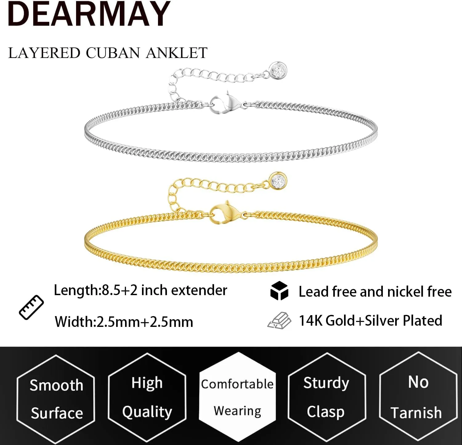 DEARMAY 14K Gold Plated Layered Cuban Link Chain Anklets for Women Waterproof - Dainty Ankle Bracelets for Women Non Tarnish Gold Jewelry Cute Anklets Set Pack Summer Beach Gift