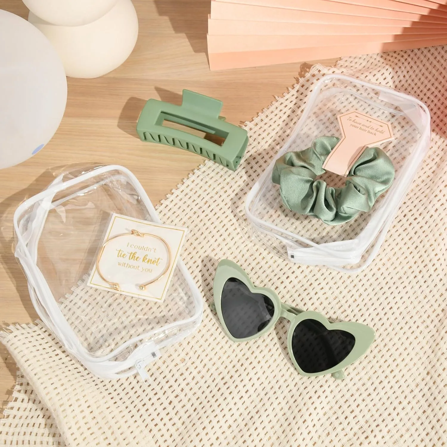 DEEKA 30 Pcs Bridesmaid Proposal Bag Set Gift Clear Makeup Toiletry Bag Bachelorette Party Favors Sunglasses Hair Claw Clips Scrunchies Knot Bracelets Bridal Wedding Party Gifts (Sage Green)