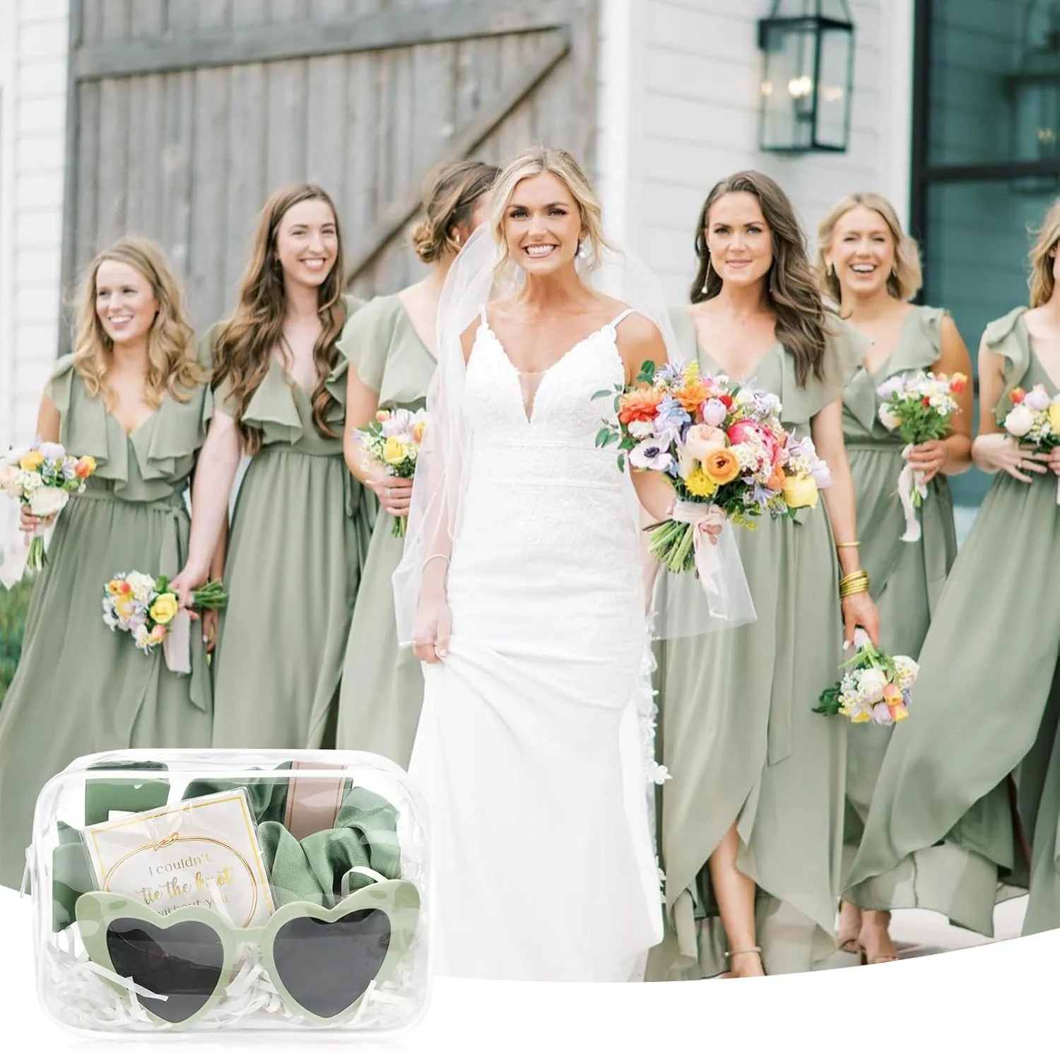 DEEKA 30 Pcs Bridesmaid Proposal Bag Set Gift Clear Makeup Toiletry Bag Bachelorette Party Favors Sunglasses Hair Claw Clips Scrunchies Knot Bracelets Bridal Wedding Party Gifts (Sage Green)