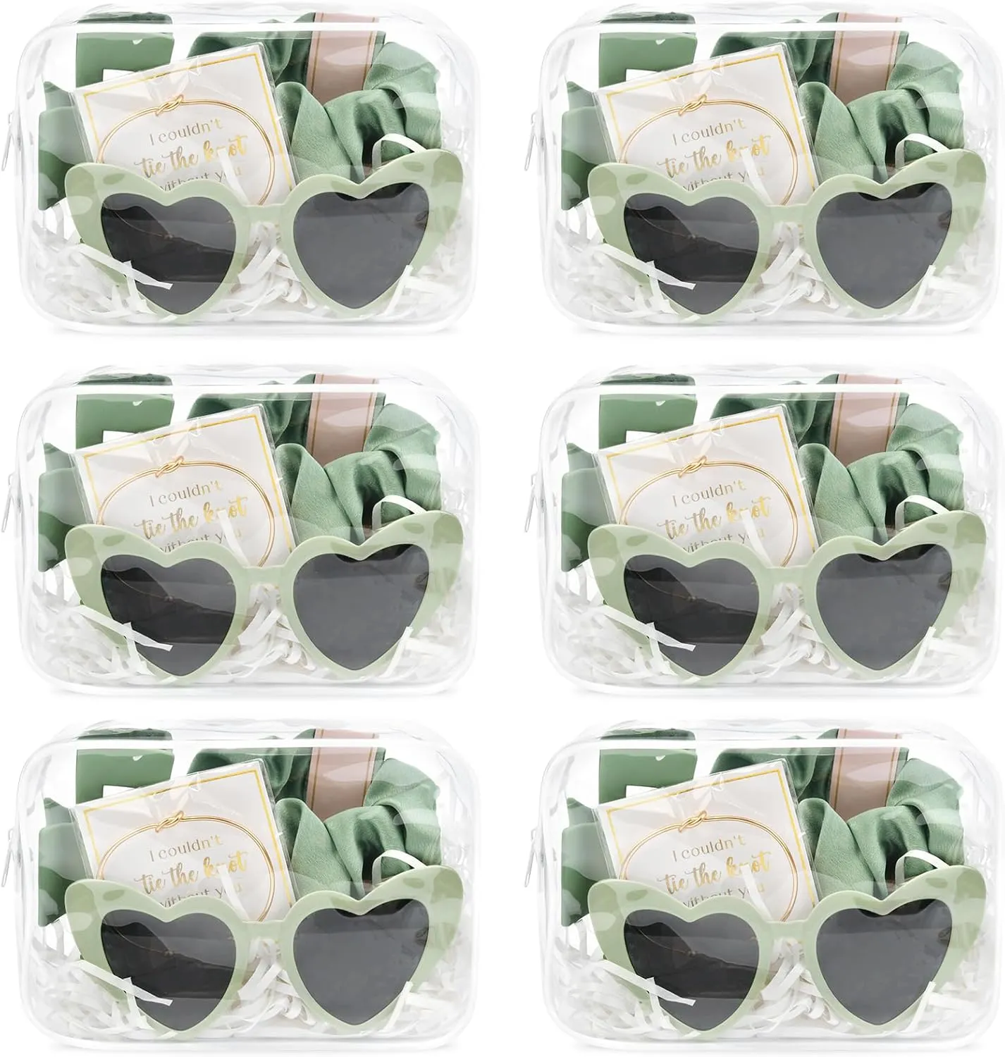 DEEKA 30 Pcs Bridesmaid Proposal Bag Set Gift Clear Makeup Toiletry Bag Bachelorette Party Favors Sunglasses Hair Claw Clips Scrunchies Knot Bracelets Bridal Wedding Party Gifts (Sage Green)