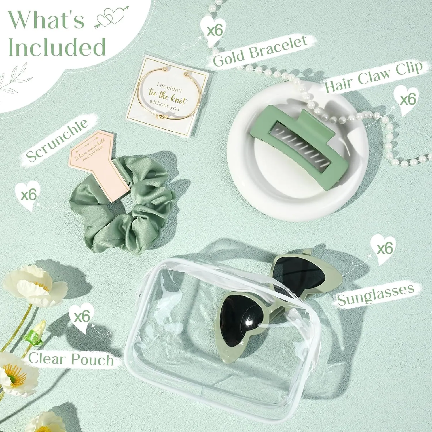 DEEKA 30 Pcs Bridesmaid Proposal Bag Set Gift Clear Makeup Toiletry Bag Bachelorette Party Favors Sunglasses Hair Claw Clips Scrunchies Knot Bracelets Bridal Wedding Party Gifts (Sage Green)