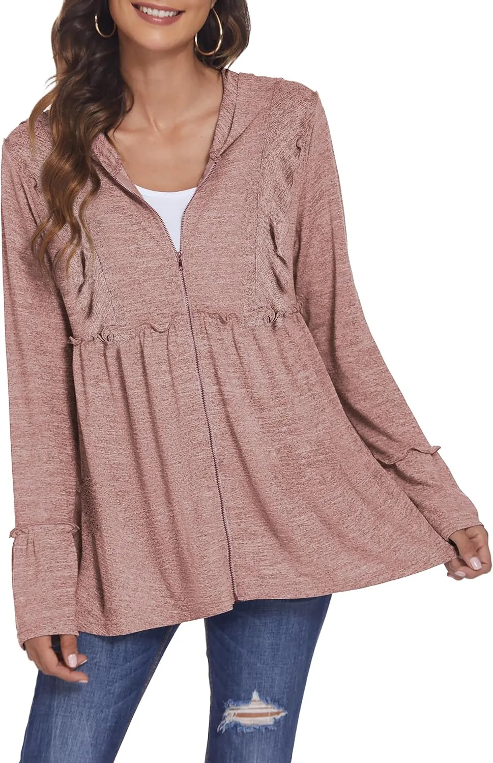 DEESHA Full Zip Up Hoodie for Women Pleated Tiered Ruffle Hooded Sweatshirts Jacket Coat Long Sleeve(Pink, Medium)