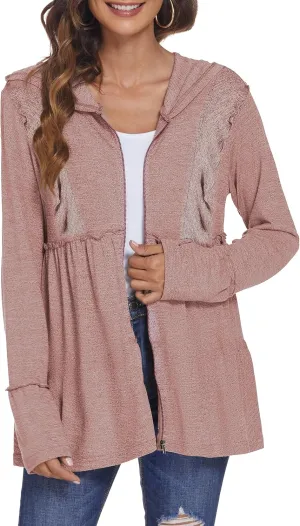 DEESHA Full Zip Up Hoodie for Women Pleated Tiered Ruffle Hooded Sweatshirts Jacket Coat Long Sleeve(Pink, Medium)