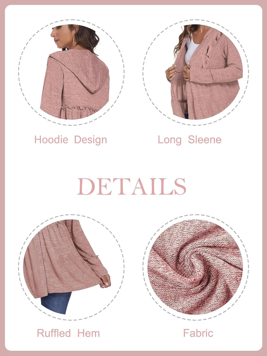DEESHA Full Zip Up Hoodie for Women Pleated Tiered Ruffle Hooded Sweatshirts Jacket Coat Long Sleeve(Pink, Medium)