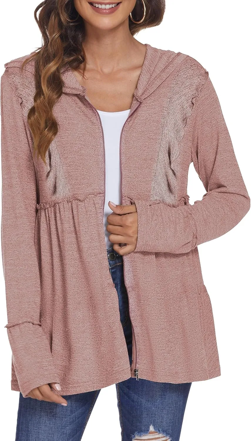 DEESHA Full Zip Up Hoodie for Women Pleated Tiered Ruffle Hooded Sweatshirts Jacket Coat Long Sleeve(Pink, Medium)
